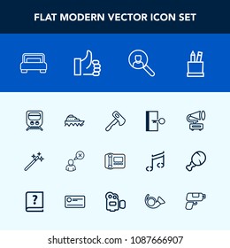 Modern, simple vector icon set with online, escape, boat, equipment, education, wand, magician, construction, door, transport, water, office, sign, profile, cancel, gramophone, exit, stationary icons