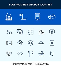 Modern, simple vector icon set with meeting, sign, microphone, relocation, businessman, frame, office, baja, call, environment, safety, house, mexico, blue, account, nature, stationary, package icons