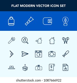 Modern, simple vector icon set with equipment, bag, night, object, business, message, money, property, communication, music, architecture, concept, house, style, creative, purse, arrow, right icons
