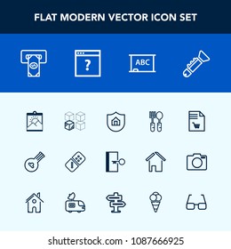 Modern, simple vector icon set with shopping, finance, frame, domino, instrument, relocation, home, package, blank, board, spoon, music, folk, cardboard, trumpet, exit, atm, white, dinner, black icons