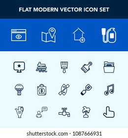 Modern, simple vector icon set with sky, sign, boat, sale, browser, parachute, emergency, paintbrush, danger, map, window, oar, equipment, white, extreme, ocean, blank, jump, file, apartment icons