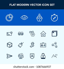 Modern, simple vector icon set with boxing, finance, home, bag, compass, beauty, packaging, estate, presentation, boat, vessel, building, product, bottle, perfume, business, package, shipping icons