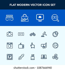 Modern, simple vector icon set with button, machine, video, click, cycle, touch, tv, film, courthouse, business, camera, presentation, chart, laundry, double, ticket, technology, equipment, law icons