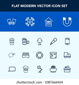 Modern, simple vector icon set with tag, sign, technology, bedroom, music, coffee, nature, flipper, film, double, inflatable, drink, camera, water, equipment, summer, underwater, mic, interior icons