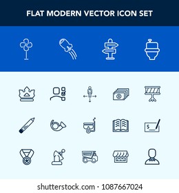 Modern, simple vector icon set with restroom, air, summer, stationery, king, water, finance, ventilator, trumpet, office, mask, drum, crown, musical, place, personal, royal, pencil, jazz, wc icons