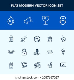 Modern, simple vector icon set with nature, surgeon, liquid, bbq, medicine, seedling, travel, grill, doctor, finger, index, packaging, life, gesture, masquerade, baggage, package, water, science icons