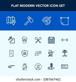 Modern, simple vector icon set with gym, music, financial, up, musical, location, property, bill, downstairs, water, office, timetable, exercise, cup, sport, day, drink, protection, pin, note icons