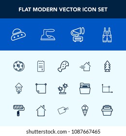 Modern, simple vector icon set with summer, luck, uniform, technology, rent, food, retro, estate, clothing, risk, wooden, home, gambling, stick, ship, birdhouse, record, office, financial, bird icons