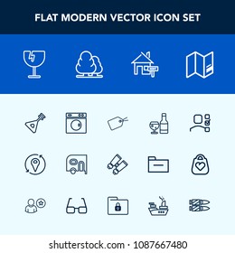 Modern, simple vector icon set with destruction, vision, laundry, music, house, property, business, glasses, machine, crash, plan, folk, travel, red, window, glass, delivery, rent, washer, home icons