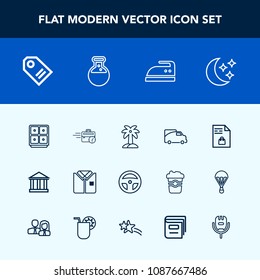 Modern, simple vector icon set with tag, list, traffic, iron, transport, greece, palm, technology, vehicle, night, transportation, equipment, bank, greek, price, star, leaf, sitting, supermarket icons