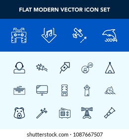 Modern, simple vector icon set with container, flight, travel, celebration, download, airplane, freelancer, pc, drink, atv, camp, keyboard, event, work, service, white, dolphin, festival, shiny icons