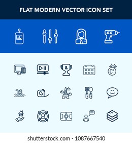 Modern, simple vector icon set with place, business, television, credit, tower, pool, blue, first, achievement, timetable, swimming, time, scale, machine, video, insulating, tape, card, landmark icons