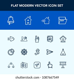Modern, simple vector icon set with seafood, safe, house, white, food, sea, stationery, craft, graph, home, equipment, fashion, nautical, ring, presentation, business, paper, machine, birdhouse icons