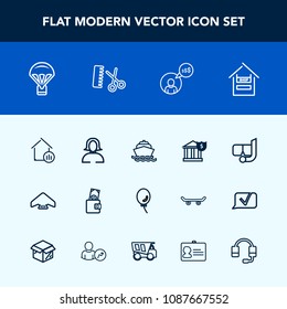 Modern, simple vector icon set with microphone, banking, yacht, woman, water, cart, celebration, purse, ocean, food, face, money, boat, dollar, parachuting, house, fashion, balloon, real, girl icons