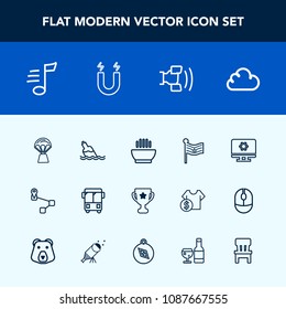 Modern, simple vector icon set with dinner, navigation, computer, winner, national, setting, clean, food, tune, musical, liquid, home, cell, transport, mobile, music, location, balloon, first icons