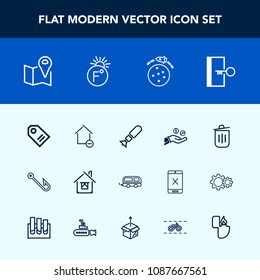 Modern, simple vector icon set with home, business, vehicle, removal, apartment, price, nuclear, road, hand, recycling, label, fishing, transport, transportation, map, estate, location, hook icons