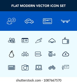 Modern, simple vector icon set with name, screen, equipment, taxi, identity, sky, add, money, holiday, car, food, business, cheque, sign, team, finance, skater, payment, festival, message, video icons