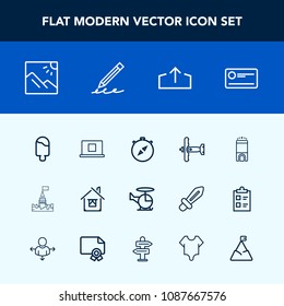 Modern, simple vector icon set with cheque, transportation, home, business, luxury, sign, military, house, direction, profile, architecture, photography, finance, war, web, tower, ice, room, air icons
