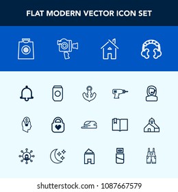 Modern, simple vector icon set with sound, buy, house, anchor, home, object, sea, drill, metal, retail, hand, nautical, technology, architecture, machine, notification, work, idea, ship, gift icons
