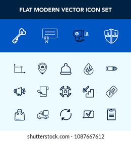 Modern, simple vector icon set with location, landscape, cap, technology, gun, aerial, fan, speaker, nature, helicopter, protection, document, head, control, fashion, geometry, sign, forest, hat icons