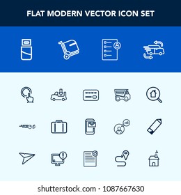 Modern, simple vector icon set with sport, finger, button, hand, estate, credit, click, online, travel, usb, technology, card, vehicle, home, airport, dumper, plug, balance, shipping, tipper icons