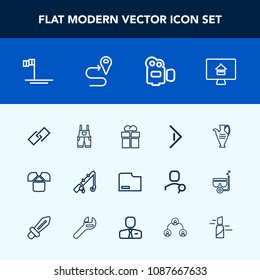 Modern, simple vector icon set with link, sport, video, estate, camera, rod, property, mexico, sign, arrow, pottery, package, fishing, hyperlink, blue, reel, file, fashion, jug, clothing, button icons