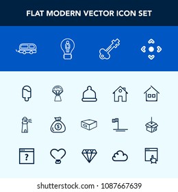Modern, simple vector icon set with transport, financial, door, technology, house, cream, travel, home, money, hot, air, sweet, ocean, business, key, balloon, building, ice, light, finance, sky icons