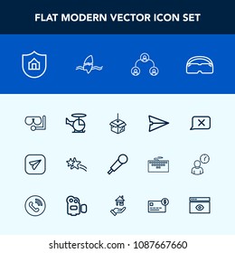 Modern, simple vector icon set with equipment, audio, transportation, glasses, air, karaoke, star, sound, sea, shiny, aircraft, surfing, structure, business, message, home, property, surfer, web icons