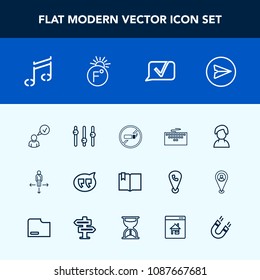 Modern, simple vector icon set with cigarette, bubble, travel, sign, estate, place, technology, open, speech, house, science, communication, music, field, no, sound, internet, work, pole, book icons
