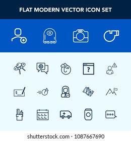 Modern, simple vector icon set with referee, page, sign, man, web, ufo, spacecraft, employee, network, internet, delete, sport, object, video, chat, late, handle, pen, thermometer, equipment icons