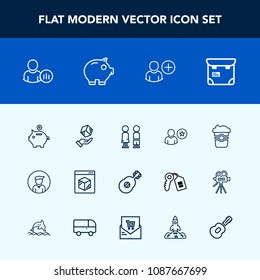 Modern, simple vector icon set with standing, finance, business, shipping, profile, professional, male, cash, sign, man, guitar, pretty, phone, drink, internet, shuttle, happy, coffee, boy, cup icons