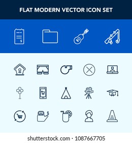 Modern, simple vector icon set with fishing, white, sign, sport, tent, fan, shorts, video, bird, house, finance, wooden, ventilator, referee, travel, call, internet, guitar, mobile, close, wear icons