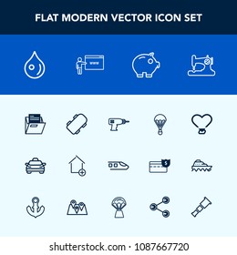 Modern, simple vector icon set with love, new, extreme, equipment, machine, folder, transportation, heart, water, rain, blank, travel, skateboard, train, finance, jump, home, paper, parachuting icons
