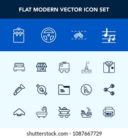 Modern, simple vector icon set with bugle, fashion, bag, pretty, castle, cycle, transportation, shirt, tool, office, wheel, tower, bedroom, paper, music, blank, luggage, furniture, bike, baggage icons