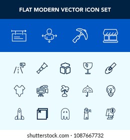 Modern, simple vector icon set with white, cube, girl, video, window, leaf, fashion, square, camera, traffic, cute, billboard, construction, poster, tripod, glass, banner, microphone, crane, sky icons
