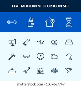 Modern, simple vector icon set with navy, bedroom, mask, workout, sport, captain, skate, hourglass, graduation, hat, furniture, school, wand, bed, house, home, water, snorkel, extreme, board icons