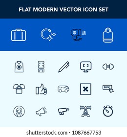 Modern, simple vector icon set with workout, write, pencil, hand, baggage, sale, education, white, computer, highway, laptop, fan, success, moon, drink, sport, female, fashion, airport, pen, gym icons