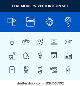 Modern, simple vector icon set with camera, house, movie, folder, estate, support, red, alcohol, help, real, guitar, internet, sweet, sign, call, people, wine, musical, glass, retro, operator icons