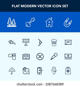 Modern, simple vector icon set with page, mug, cancel, landscape, education, camera, field, pole, right, literature, cafe, chalkboard, forest, button, arrow, drink, cup, paper, instrument, shiny icons