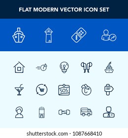 Modern, simple vector icon set with row, estate, night, landmark, glass, electric, vessel, game, audio, business, electricity, play, energy, music, office, sos, technology, web, cart, shop, bulb icons