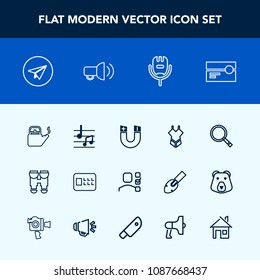 Modern, simple vector icon set with vision, sound, bank, water, search, musical, kettle, fashion, office, science, message, security, communication, audio, task, stereo, swimsuit, equipment, hot icons