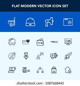 Modern, simple vector icon set with business, financial, flower, sport, communication, chat, cash, wallet, loud, blank, web, megaphone, finance, money, hobby, website, hit, paper, spring, water icons