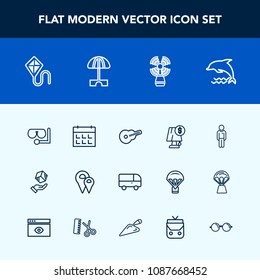 Modern, simple vector icon set with boy, transportation, guitar, summer, travel, shipping, animal, bus, calendar, male, box, interior, location, musical, sea, lamp, road, nature, white, time icons