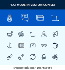 Modern, simple vector icon set with megaphone, camera, beach, technology, kerosene, water, helm, business, ship, rudder, metal, wheel, closed, hotel, geometry, lantern, snorkel, tripod, chat icons