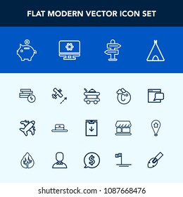 Modern, simple vector icon set with construction, cash, way, website, equipment, camp, business, food, outdoor, technology, temperature, web, flight, travel, download, head, fahrenheit, scale icons