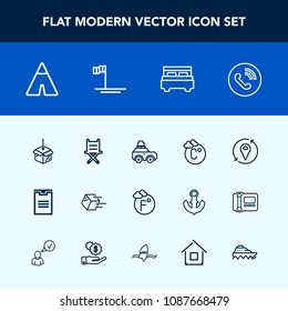 Modern, simple vector icon set with transportation, box, ring, water, outdoor, bag, call, thermometer, fahrenheit, house, circle, interior, shipping, location, bed, sign, upload, sea, travel icons