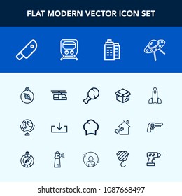 Modern, simple vector icon set with knife, chief, cardboard, download, ufo, meat, shuttle, meal, snack, new, cook, east, real, launch, south, uniform, space, spacecraft, rail, chicken, spaceship icons