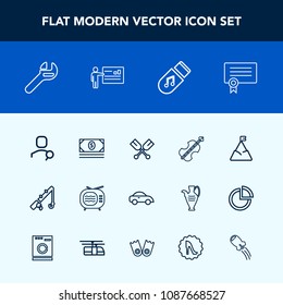 Modern, simple vector icon set with transport, antenna, taxi, nature, success, vehicle, account, music, cello, television, spanner, landscape, water, boat, web, template, reel, fishing, coin, tv icons