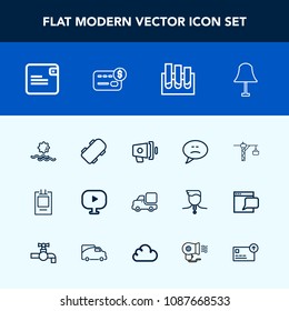 Modern, simple vector icon set with message, vehicle, announcement, sunrise, wallet, transportation, interior, analysis, loudspeaker, business, skate, speech, saw, lorry, laboratory, loud, video icons