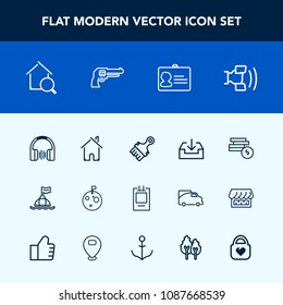 Modern, simple vector icon set with business, moon, space, weapon, home, badge, stereo, house, life, planet, mobile, cell, real, architecture, coin, estate, web, search, audio, download, bank,  icons